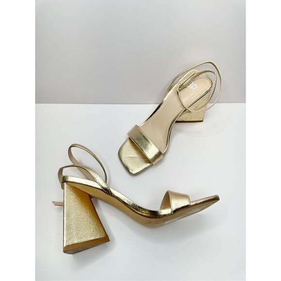 BP Sandals Womens Size 5 Gold Parker Ankle Strap Chunky Triangular Heels - Picture 8 of 10